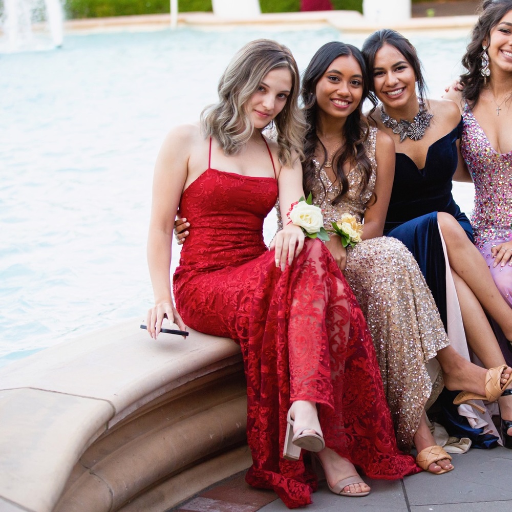 Shimmering red lace prom dress from Alamour!